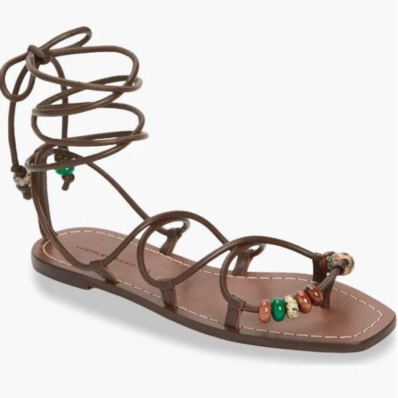 LOEFFLER RANDALL Colleen Ankle Tie Sandals Size 8.5 Brown Leather Beaded NEW - Picture 3 of 13